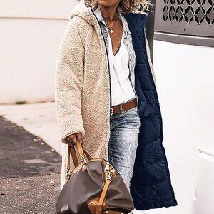 Navy Blue Casual Women's Reversible Hooded Mid-Length Thick Padded Jacket